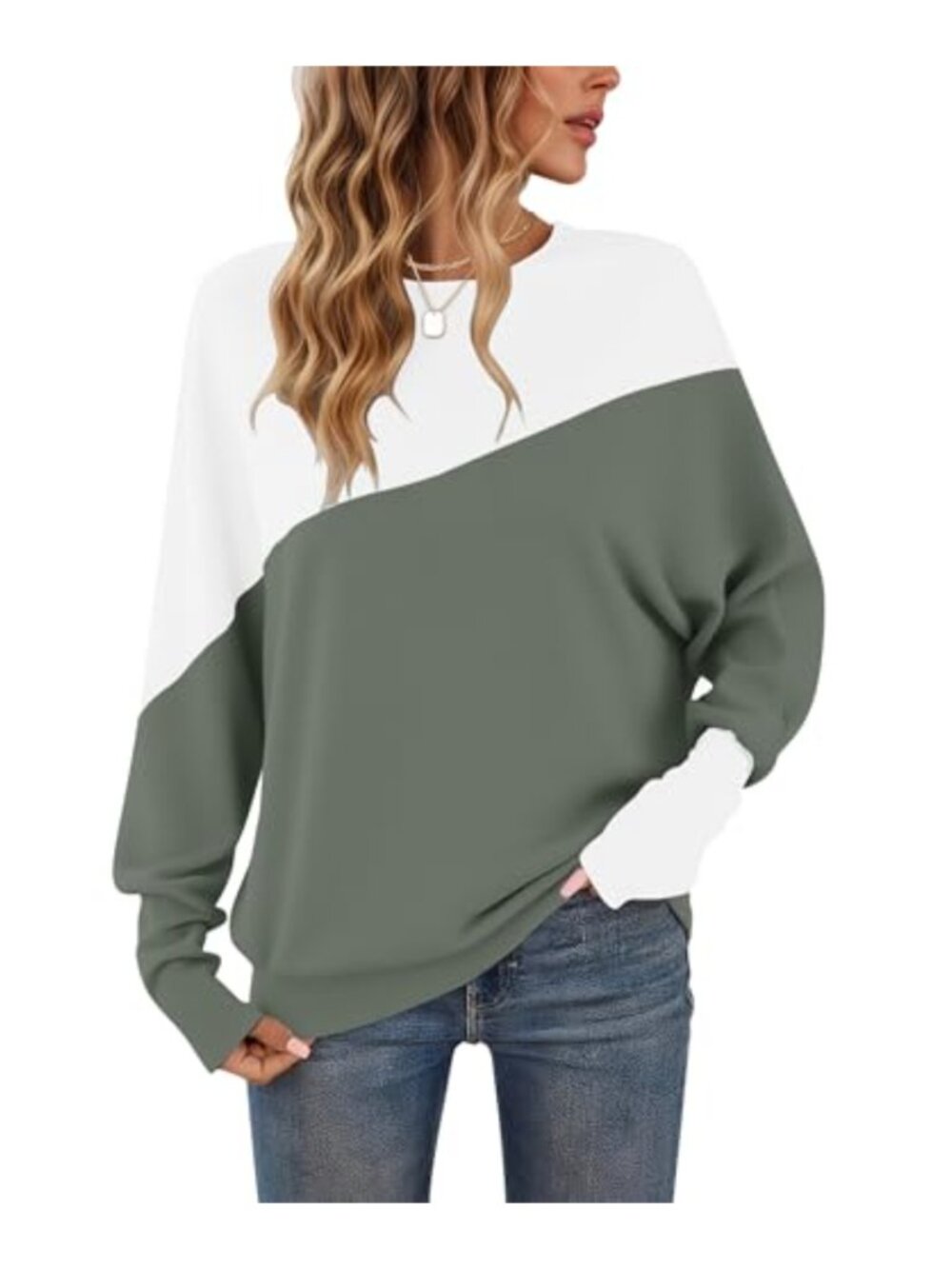 Womens Long Sleeve Color Block Tunic Top Dolman Sleeve Crewneck Pullover
